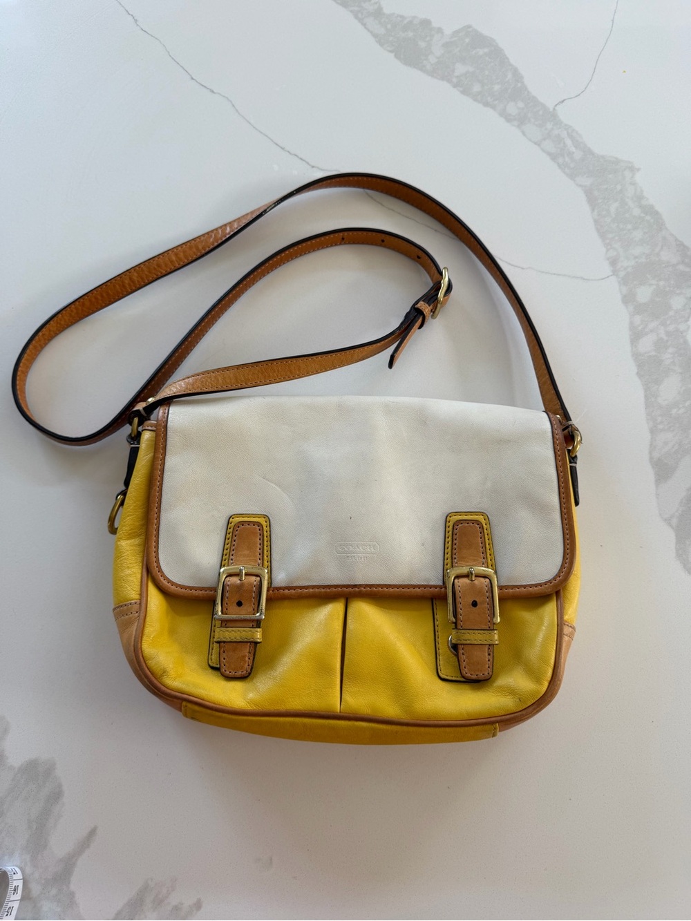 Coach Yellow /White leather buckle crossbody purse w/pockets F23383